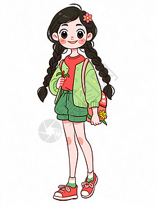 背着竹楼女孩绿色上衣背着红色包的卡通女孩插画