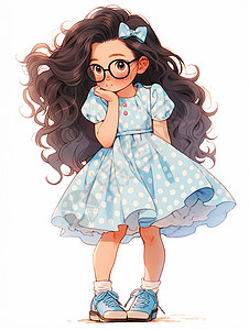 浅色波点连衣裙腼腆可爱的卷发卡通女孩插画