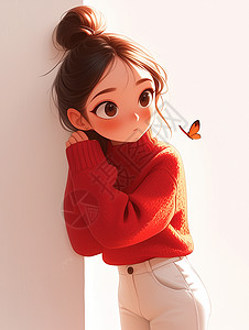 红色上衣的女孩身穿红色上衣梳着丸子头的卡通女孩身旁飞着一只可爱的蝴蝶插画