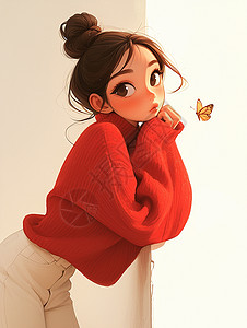 红色上衣梳着丸子头的卡通女孩身旁飞着一只可爱的蝴蝶高清图片