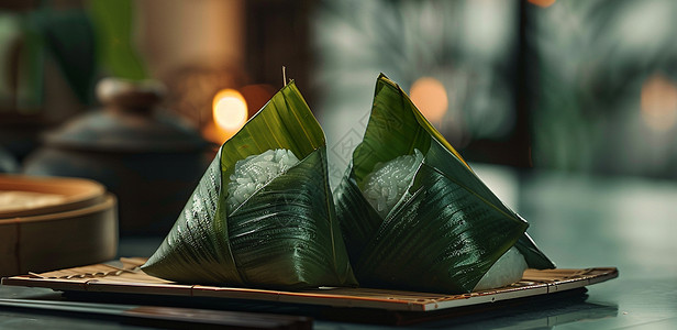 透绿放在竹子容器上两个美味优雅的粽子插画