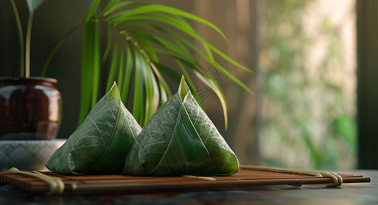 舌尖上的粽子放在竹子容器上两个美味优雅的粽子插画
