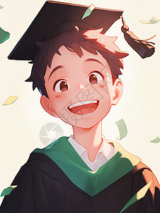 戴学士帽的男孩身穿黑色学士服参加毕业典礼的可爱卡通小男孩插画
