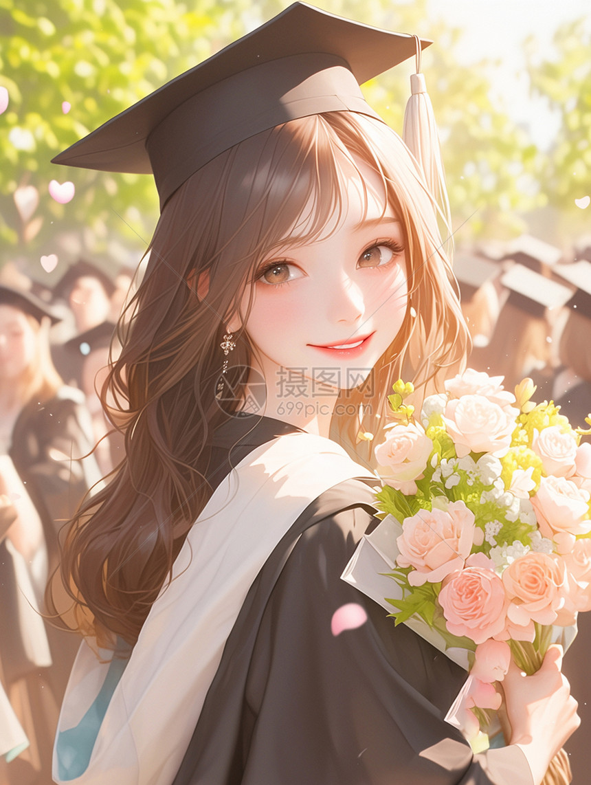 清新漂亮的卡通女孩抱着花束参加毕业典礼图片