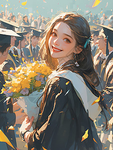 漂亮学士帽长发漂亮的卡通女孩抱着花束参加毕业典礼插画