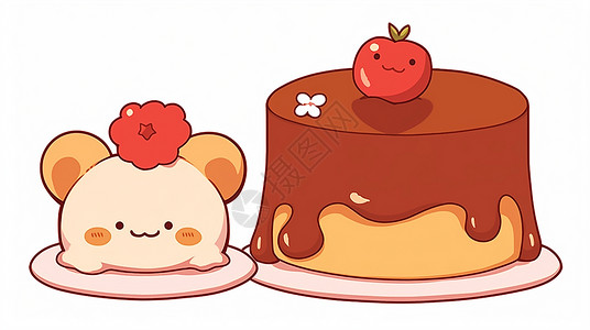 草莓布丁甜品卡通小熊草莓水果布丁插画