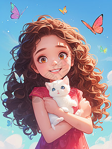 大瓷猫素材红色连衣裙长卷发可爱的卡通女孩抱着小白猫插画