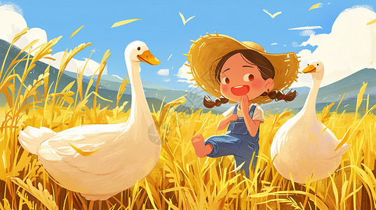 愉快地奔跑戴着草帽身穿蓝色背带裤与大白鹅在麦子地中玩耍的卡通女孩插画