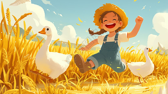 胡麻地身穿蓝色背带裤与大白鹅在麦子地中玩耍的卡通女孩插画