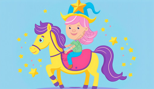 骑小马开心骑着小马的可爱卡通小女孩插画
