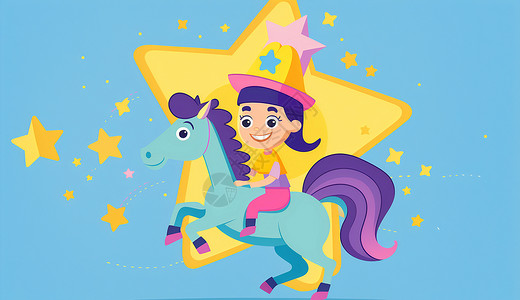 骑着小马的可爱卡通小女孩高清图片