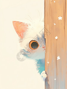 躲在木门后蓝色大眼睛可爱的卡通小猫高清图片