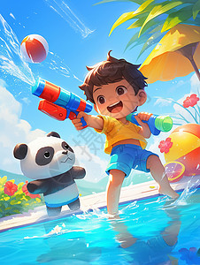 秦岭大熊猫夏日在泳池中玩水枪的卡通小男孩插画