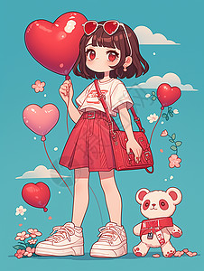大玩具熊红色包手拿爱心气球的可爱卡通小女孩插画