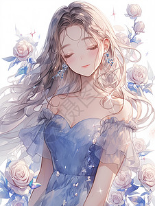 浅蓝色梦幻公主裙的长发卡通女孩背景图片