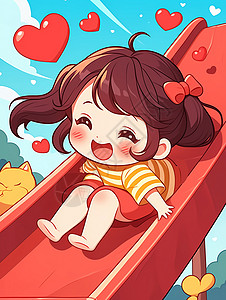 玩滑梯儿童可爱的卡通小女孩在开心玩滑梯插画