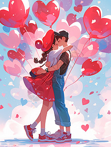 彩色气球插画一对甜蜜的卡通情侣插画