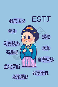 estjMBTI手绘卡通线描16型人格ESTJ利己主义蓝色性格古风竖图插画