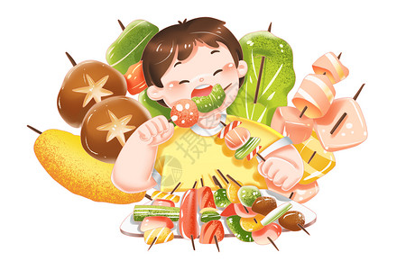 烤肉煎锅夏季儿童吃烧烤吃烤串夏日美食插画