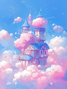 孤山岛粉色云朵间一座蓝色屋顶复古风卡通小房子插画