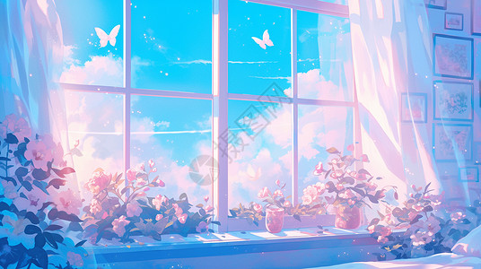 窗帘系带梦幻唯美的窗台上开着很多花朵飞舞着很多蝴蝶插画