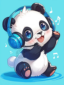 可爱乖巧头上戴蓝色时尚耳麦听音乐的卡通大熊猫插画