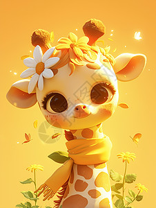 黄小花围着黄色围巾头上戴着小花的可爱卡通长颈鹿插画