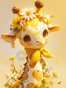 黄小花围黄色围巾头上戴着小花的可爱卡通长颈鹿插画