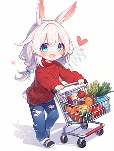 中老年阿姨买菜形象身穿红色上衣长耳朵可爱的卡通小白兔推着购物车插画