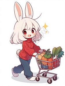中老年阿姨买菜形象穿红色上衣长耳朵可爱的卡通小白兔推着购物车插画