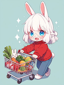 中老年阿姨买菜形象红色上衣长耳朵可爱的卡通小白兔推着购物车插画