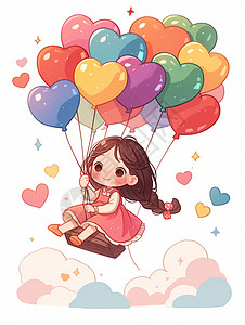 一束气球喜庆节日拿着一束爱心气球开心飞舞的可爱卡通小女孩插画