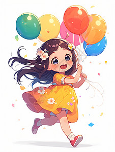 六一气球穿着花裙子可爱的卡通女孩手拿彩色气球开心奔跑插画