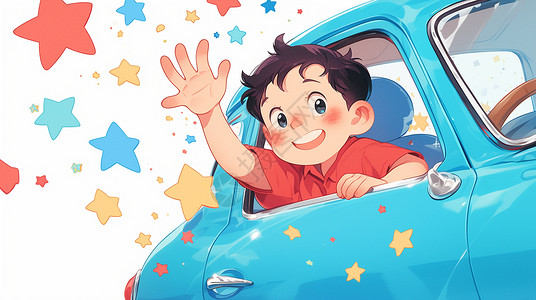 开车的男孩开蓝色小汽车打招呼的可爱卡通小男孩插画