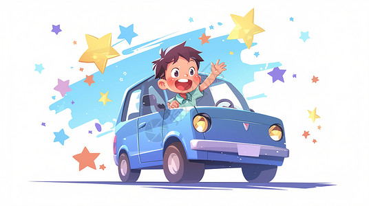 开车的男孩开蓝色小汽车开心打招呼的卡通小男孩插画