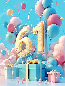 上带字素材梦幻美丽的卡通云朵上有很多礼物盒彩色气球下飞着数字61插画
