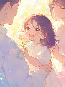 手拿小花穿着白色连衣裙的卡通女孩在送爸爸花朵高清图片