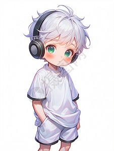 听音乐小男孩绿色大眼睛帅气的卡通小男孩戴着耳麦在听音乐插画