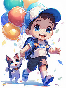走路的男孩戴棒球帽手拿彩色气球的卡通小男孩与宠物猫一起走路插画