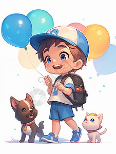 挎包走路的男孩棒球帽手拿彩色气球的卡通小男孩与宠物猫一起走路插画