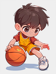 做运动男孩棕色短发可爱的大眼睛卡通小男孩在打篮球插画