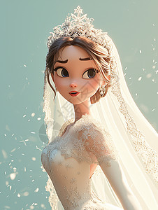婚纱有血素材有长长白色头纱大眼睛漂亮的卡通新娘插画
