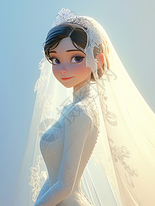 漂亮的婚纱长长白色头纱大眼睛漂亮的卡通新娘插画