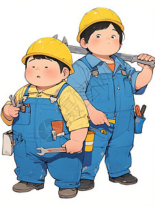 下半身肥胖穿蓝色背带裤戴着黄色安全帽的两个胖胖的卡通工人插画