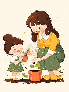 种花孩子与妈妈一起种花的卡通小女孩插画