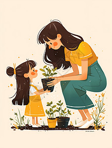 种花孩子与妈妈一起种花的可爱小女孩插画