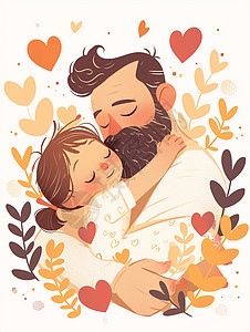 孩子长个长着胡子的爸爸抱着自己的儿女插画插画