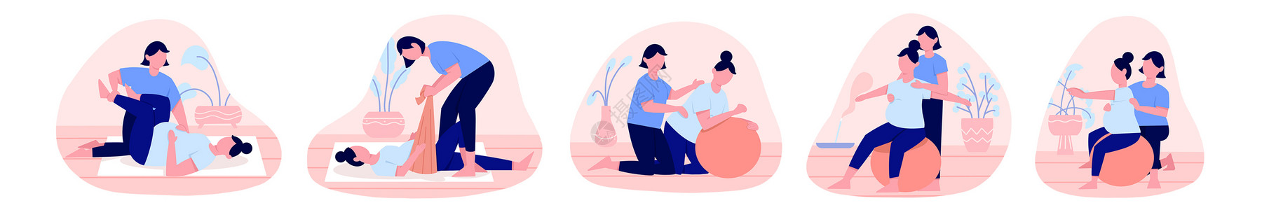 护理元素粉蓝色扁平孕妇产前护理训练瑜伽人物主题场景元素插画