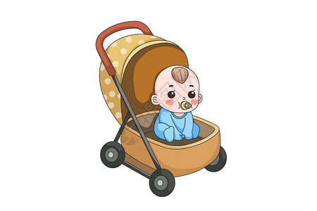 小孩架子鼓卡通可爱婴儿吃奶嘴坐婴儿车插画