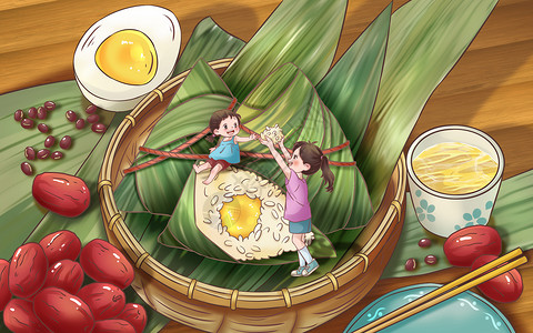 传统节日端午节粽子大枣小红豆人物女孩手绘插画高清图片